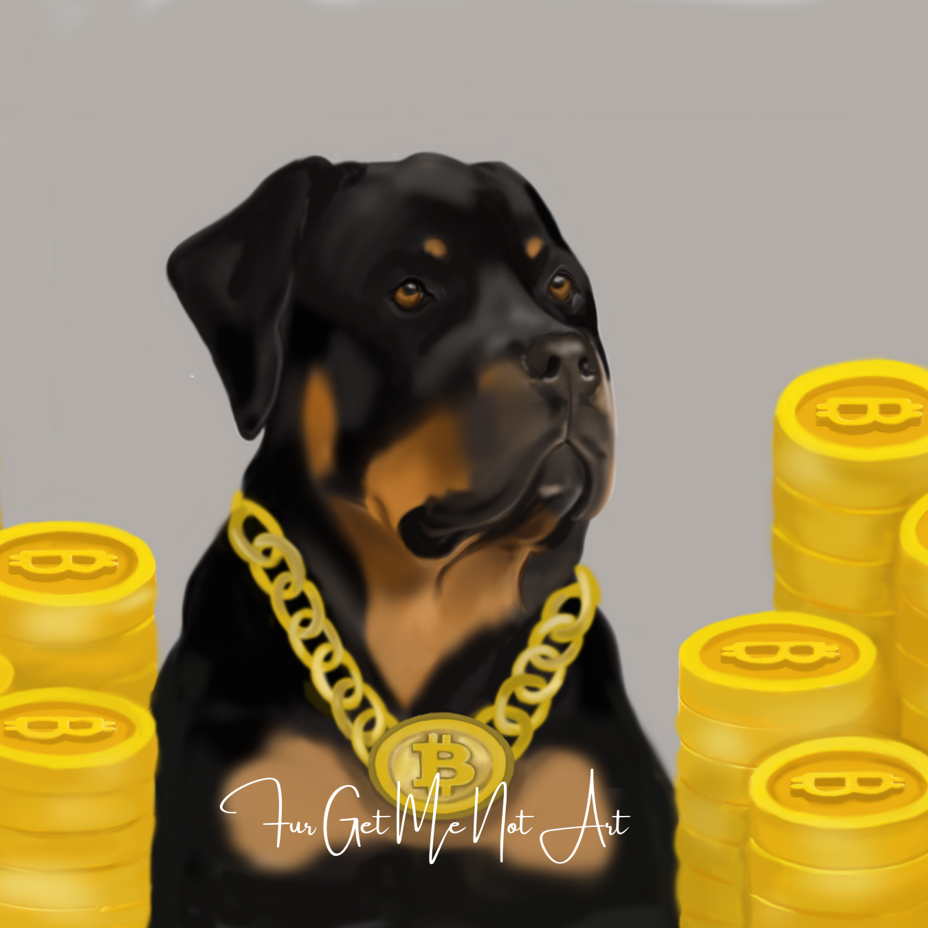 Rottweiler And Bitcoin Crypto Art – Unique Hand-Drawn Artwork