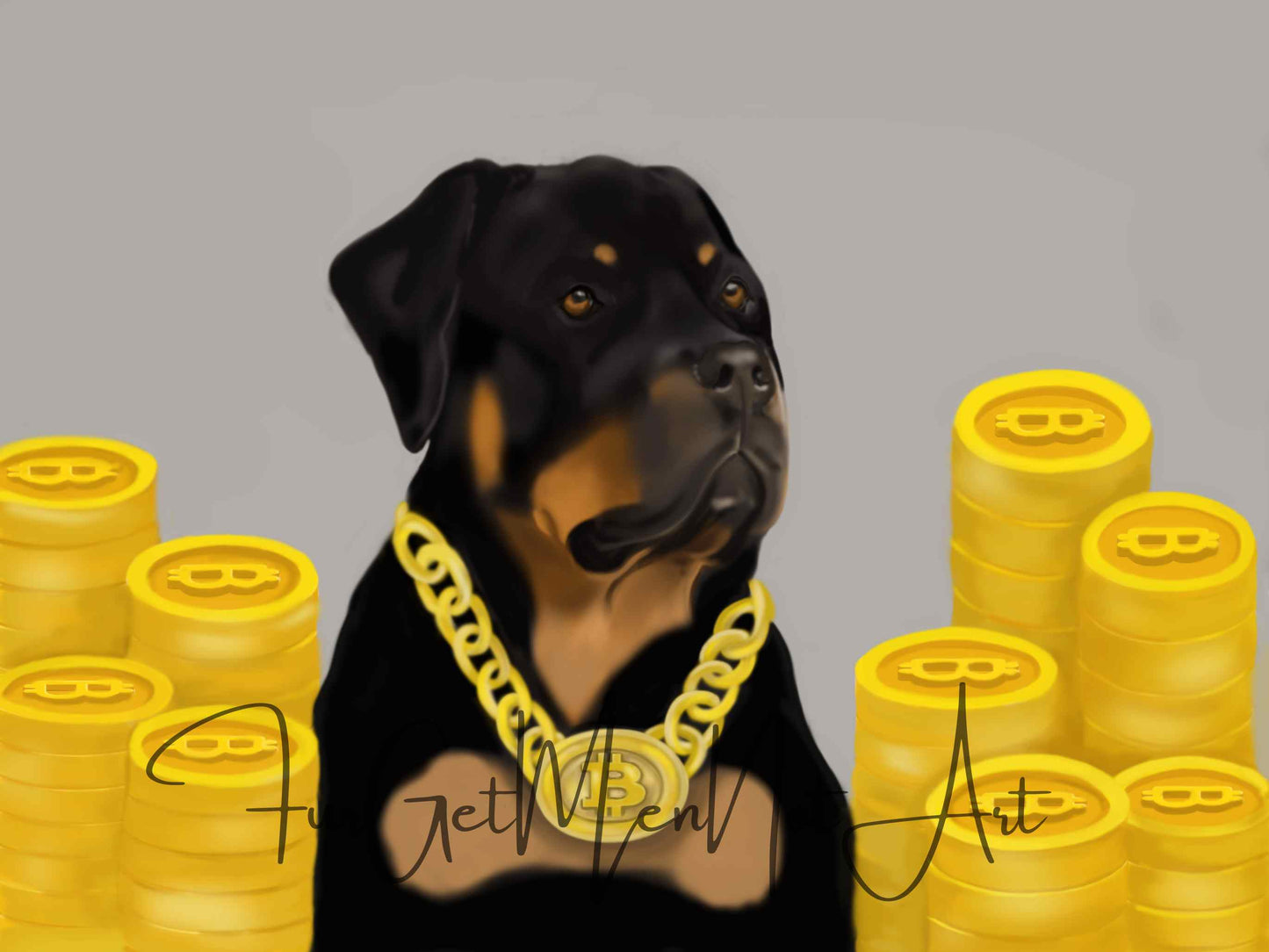 Rottweiler And Bitcoin Crypto Art – Unique Hand-Drawn Artwork