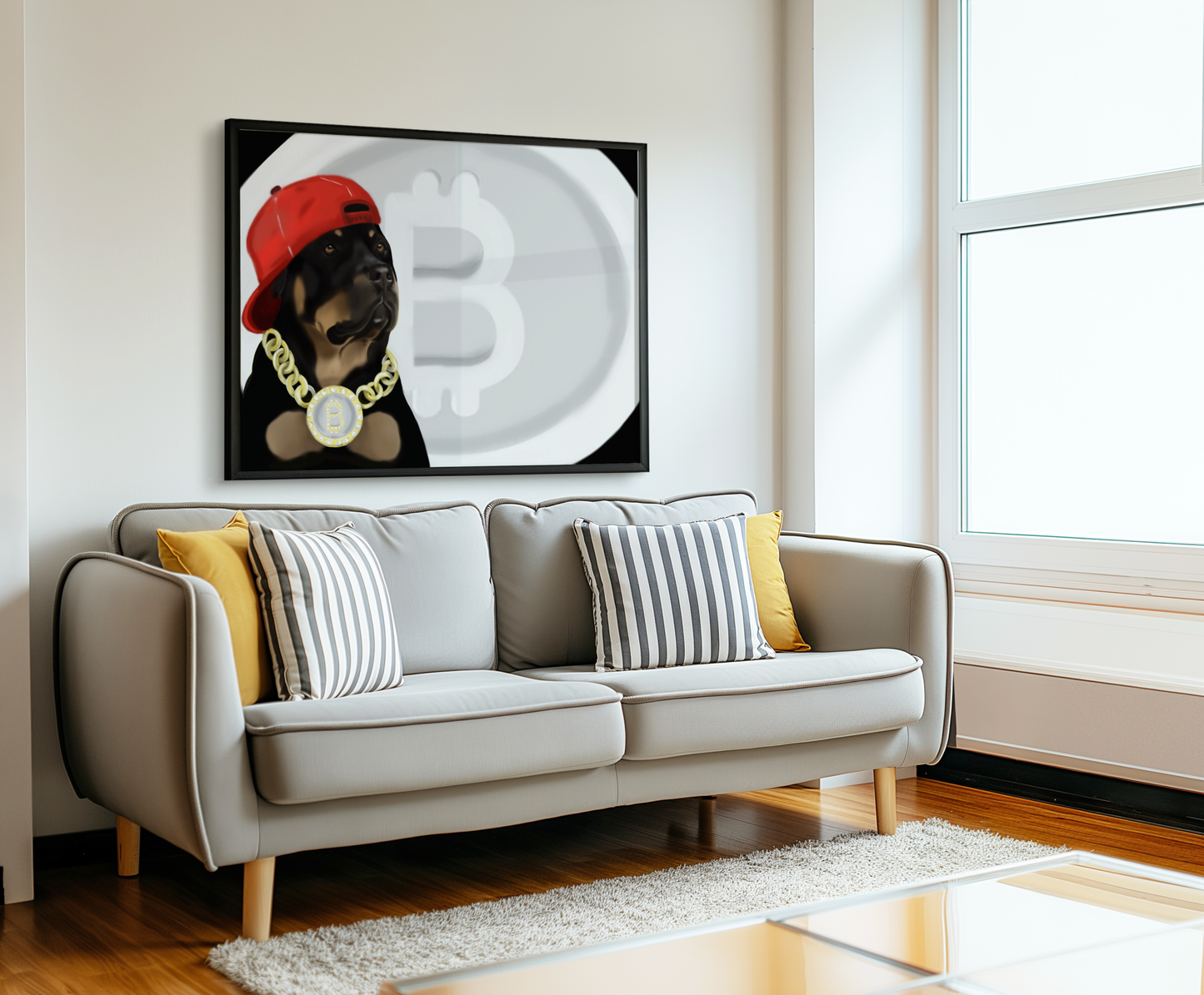 Big Bitcoin Rottweiler – Hand-Drawn Art for Crypto & Dog Lovers