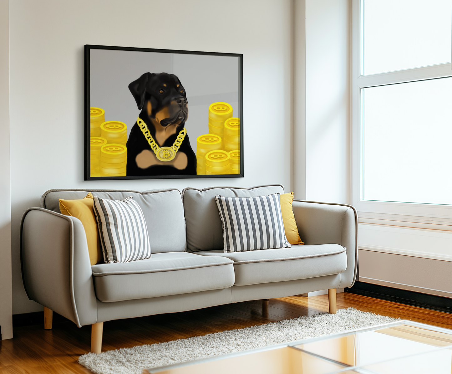 Rottweiler And  Bitcoin Crypto Art – Unique Hand-Drawn Artwork