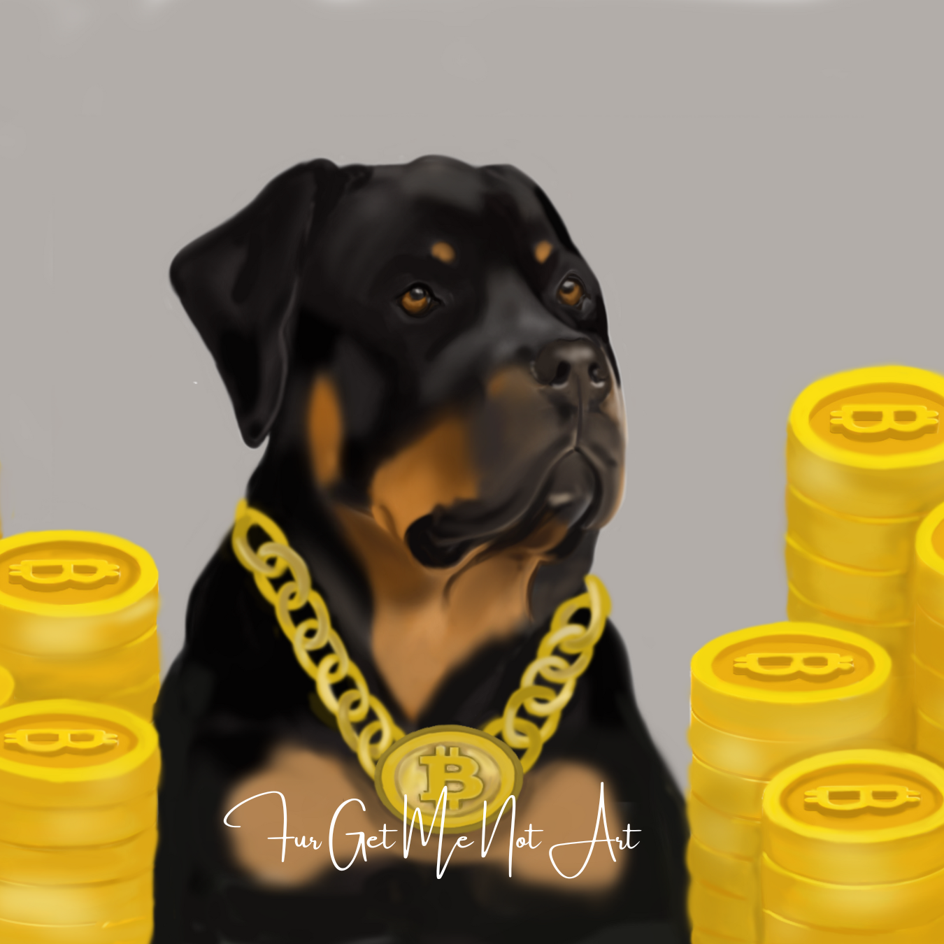 Rottweiler And  Bitcoin Crypto Art – Unique Hand-Drawn Artwork