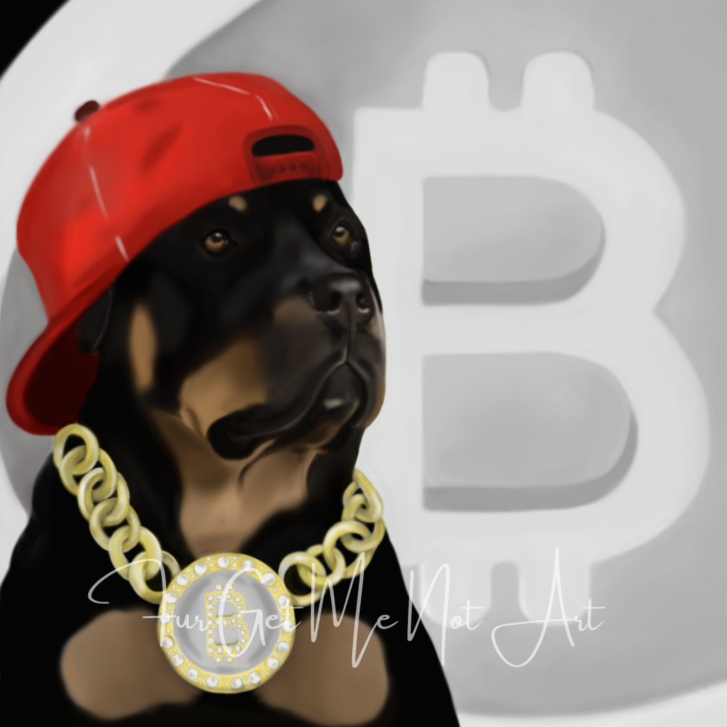 Big Bitcoin Rottweiler – Hand-Drawn Art for Crypto & Dog Lovers