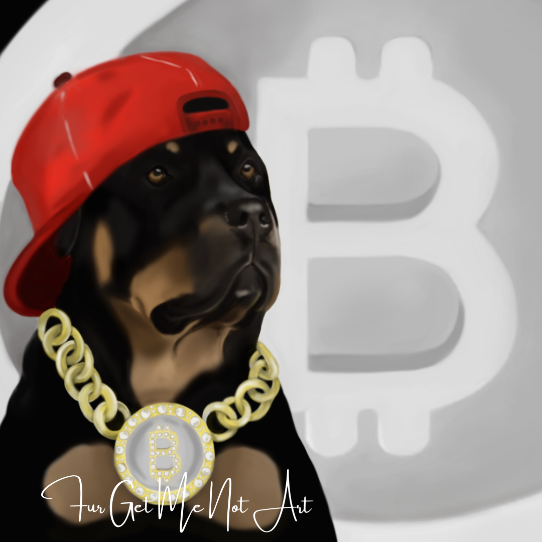 Big Bitcoin Rottweiler – Hand-Drawn Art for Crypto & Dog Lovers